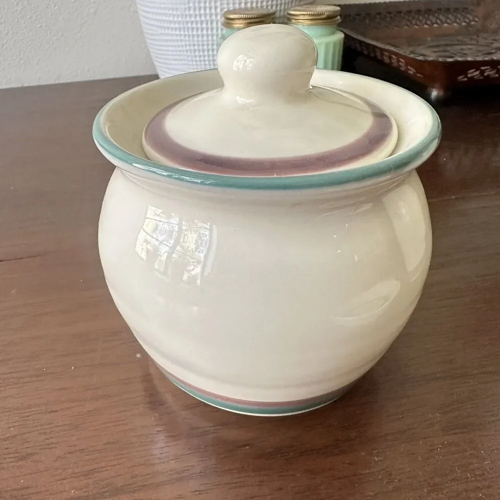PFALTZGRAFF Juniper Creamer Sugar Bowl Spoon Rest Green Mauve‎ Stripe Vintage